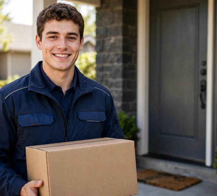 A young courier delivery man holding a box for delivery