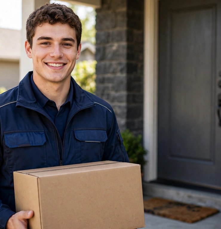 A young courier delivery man holding a box for delivery