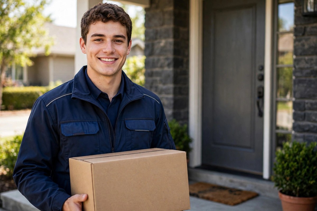 A young courier delivery man holding a box for delivery