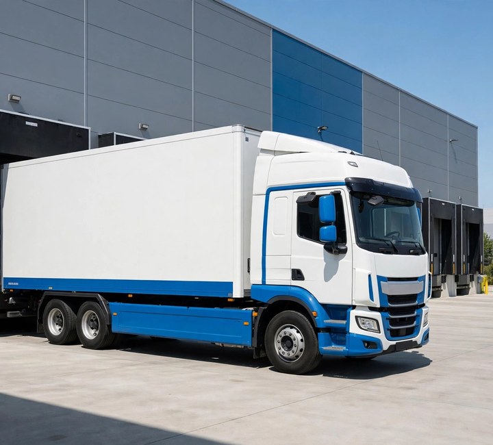 Tractor trailer truck with signage parked outside warehouse