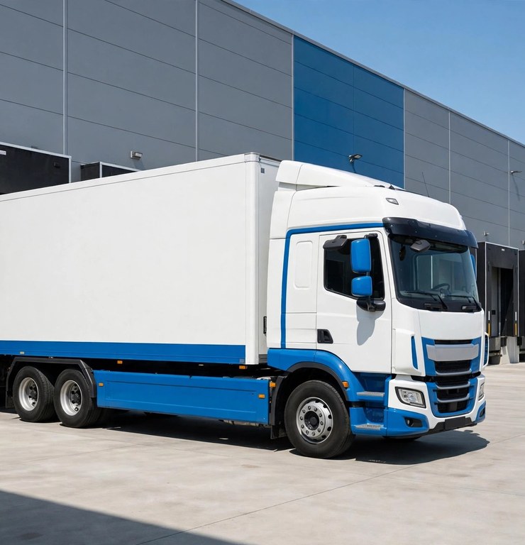 Trucking Freight 1 Tractor trailer truck with signage parked outside warehouse